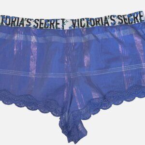 Victoria Secret Sleep Shorts Blue holographic plaid Lace trim Logo Ban Size L